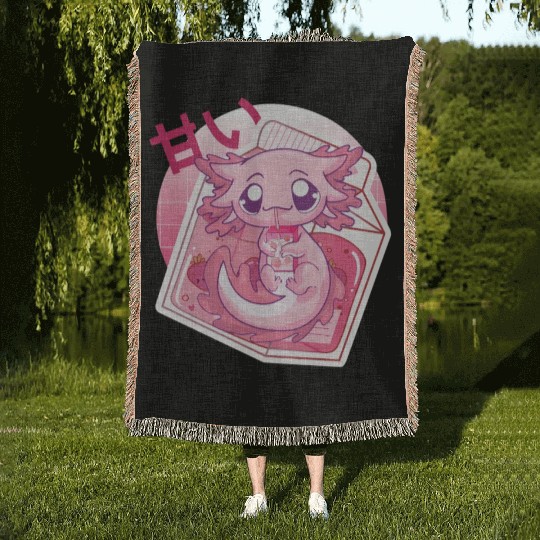 Axolotl Pastel Goth Strawberry Milk Shake Anime Ja Woven Blankets