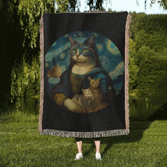 Mona Lisa With Cats Starry Night Van Gogh Painting Woven Blankets