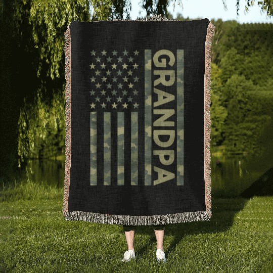 Proud Grandpa Camouflage American Us Flag Camo Woven Blankets