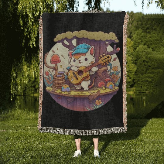 Cute Kawaii Cat Playing Guitar Banjo On Log Woven Blankets