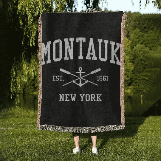 Montauk Ny Crossed Oars Boat Anchor Sports Woven Blankets