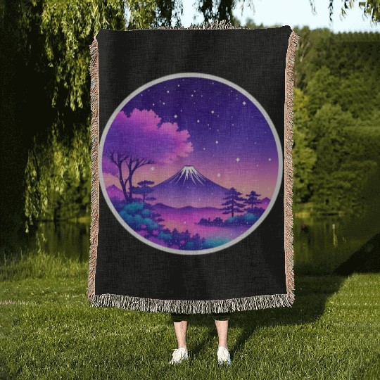 Japan Mount Fuji Night Sky Lo-Fi Art Retro Purple Woven Blankets