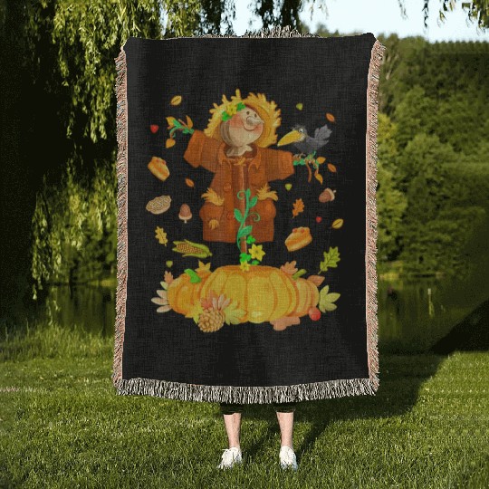 Scarecrow Pumpkin Garden Hello Thanksgiving Woven Blankets