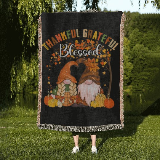 Thankful Grateful Blessed Gnomes Fall Autumn Woven Blankets