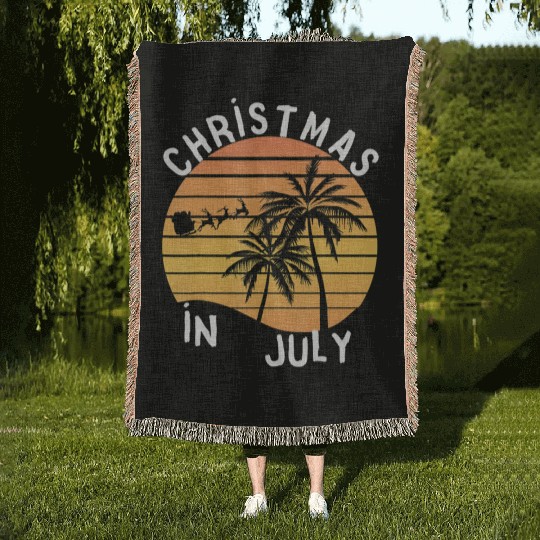 Christmas In July Santa Sledge Sunset Palm Summer Woven Blankets