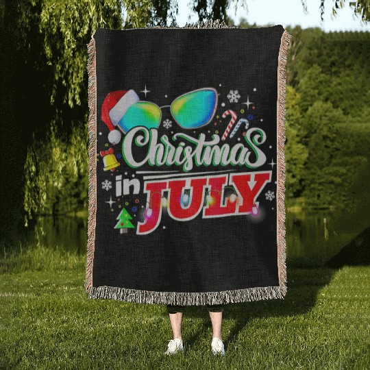 Christmas In July Santa Hat Sunglasses Summer Woven Blankets