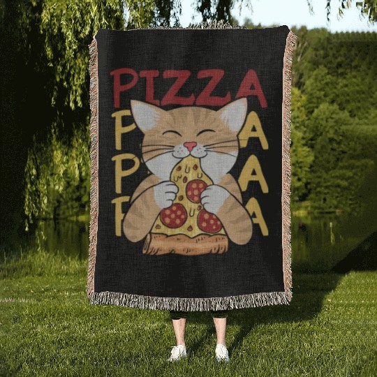 Cat Love Pizza Woven Blankets