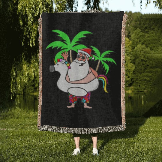 Christmas In July Santa on Vacation Unicorn Pool Woven Blankets