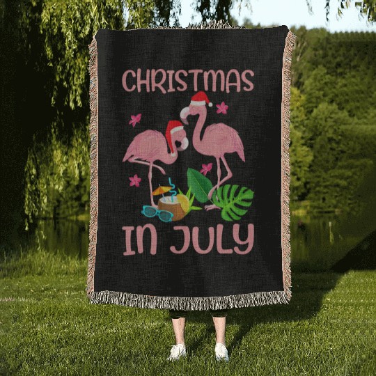 Christmas In July Pink Flamingo Wearing Santa Hat Woven Blankets