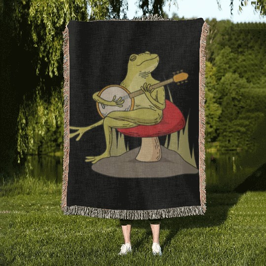 Cottagecore Aesthetic Frog Lover Banjo Player Woven Blankets