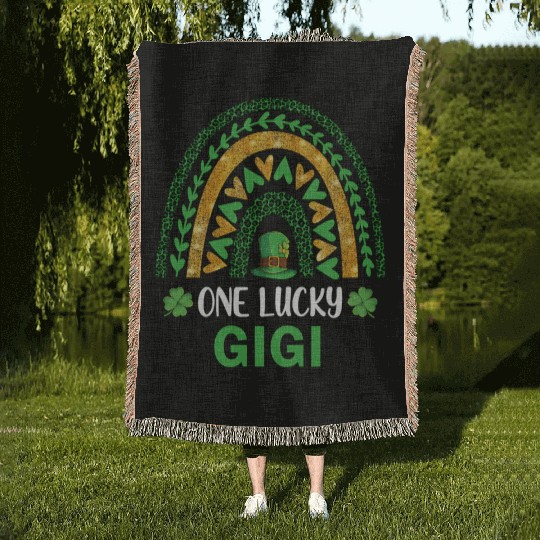 One Lucky Gigi St Patric Day Shamrock Rainbow Woven Blankets