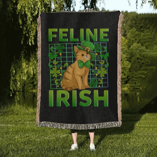 St Patricks Day Feline Irish Shenanigans Woven Blankets