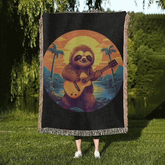 Sloth Guitar Sunset Woven Blankets