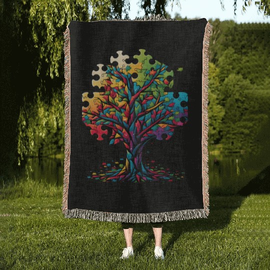 Neurodiversity Autism Awareness Colorful Tree Puzz Woven Blankets