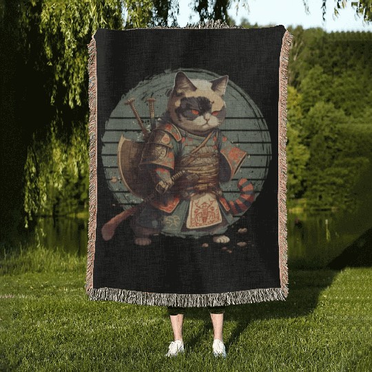 Samurai Cat Warrior Japanese Ninja Cat Kawaii Woven Blankets