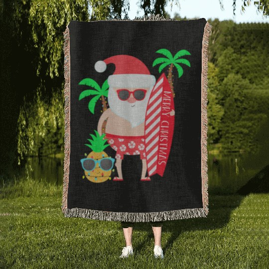 Santa Surfing Hawaiian Beach Christmas In July Woven Blankets