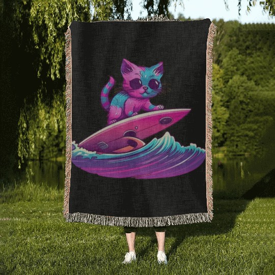 Synthwave Surfing Cat Woven Blankets