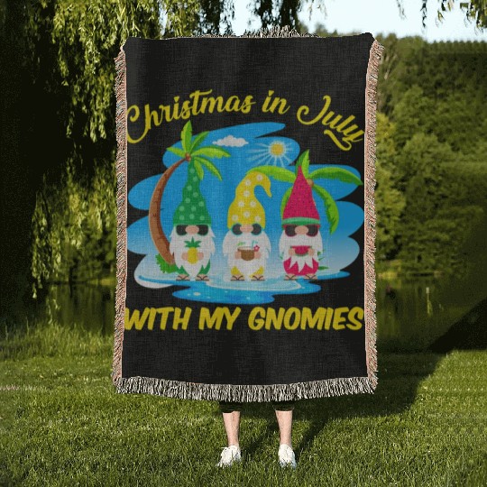 Christmas In July With My Gnomies Beach Summer Woven Blankets