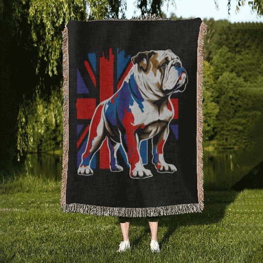 British Bulldog With Union Jack Flag King Charles Woven Blankets