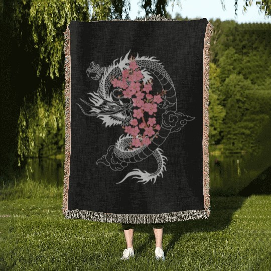 Dragon Japanese Cherry Blossom Culture Woven Blankets
