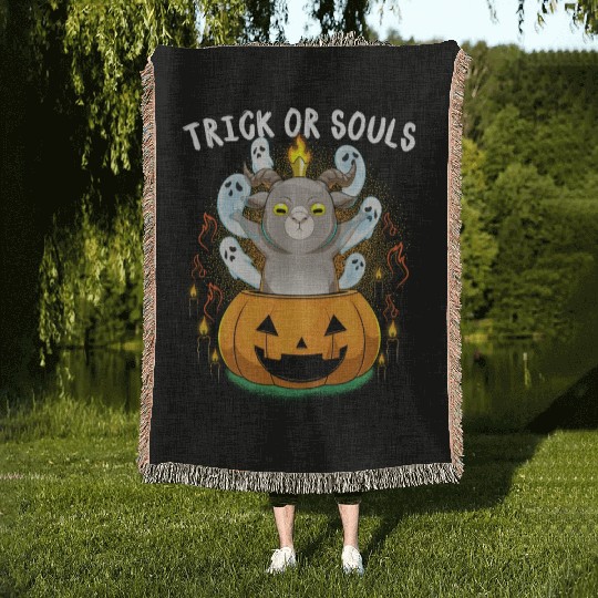 Trick Or Souls Halloween Baphomet Satanic Pumpkin Woven Blankets