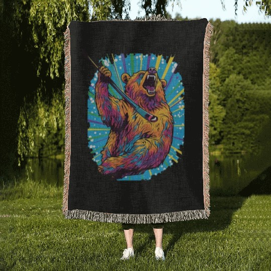 Golfer Grizzly Bear Golf Club Golfing Golf Player Woven Blankets