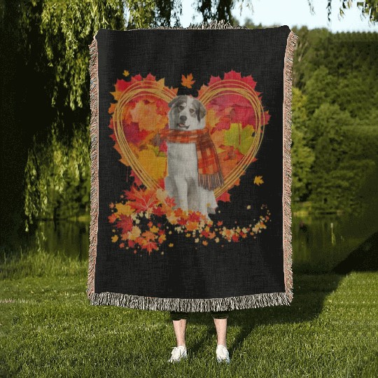 Great Pyrenees With Heart Made Of Autumn Leaves Woven Blankets