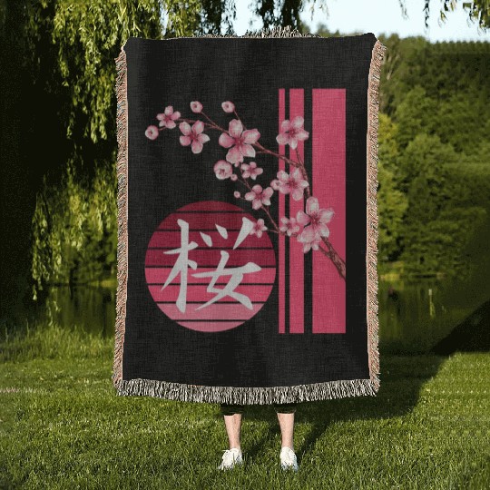 Sakura Flowers Spring Cherry Blossoms Japanese Kan Woven Blankets