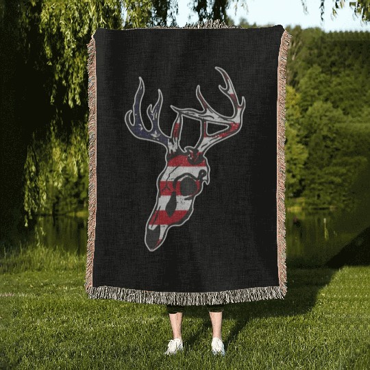 Whitetail Deer Hunting Animal Lover American Flag Woven Blankets