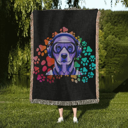 Canine Tunes-Robotic Rottweiler Listening to Music Woven Blankets
