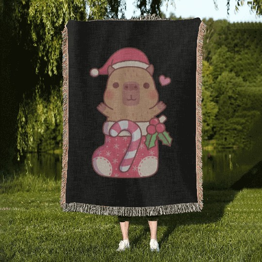 Cute Capybara In Christmas Stocking With Candy Woven Blankets