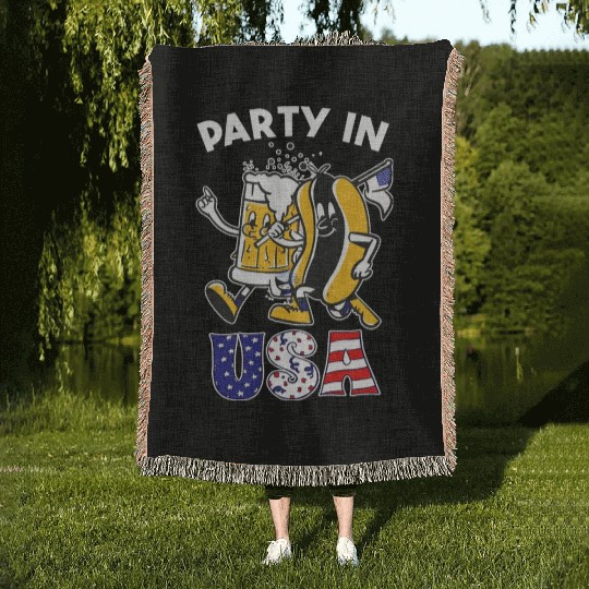 Party In The Usa Hot Dog Love Funny Fourth Of July Woven Blankets