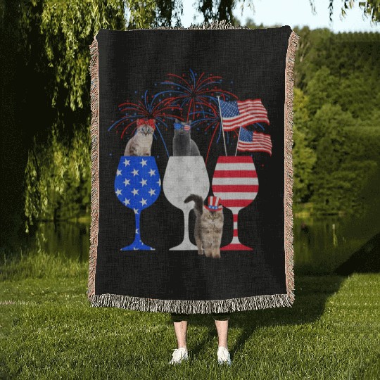 Cat 4Th Of July Red White Blue Wine Woven Blankets