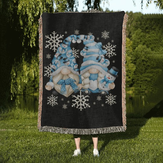 Snowman Gnomies With Snowflakes Winter Gnome Woven Blankets