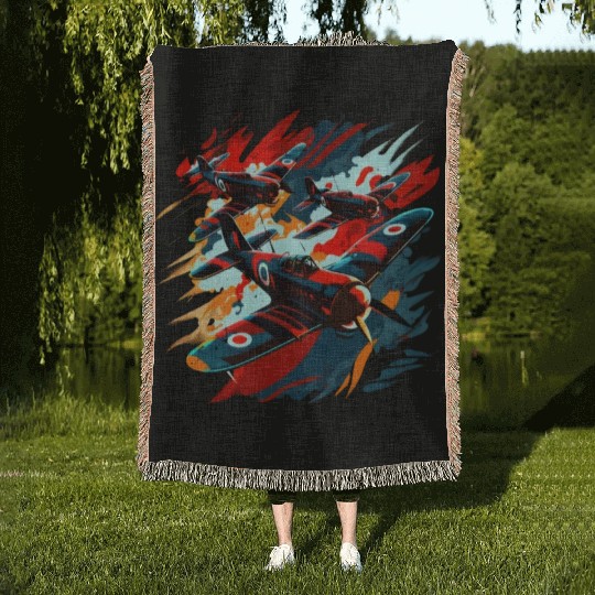 Spitfire Airplane Vintage Pilot Aviator Military Woven Blankets