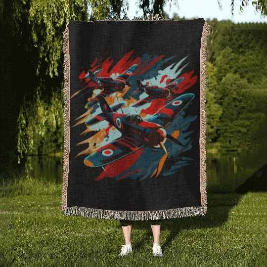 Spitfire Airplane Vintage Pilot Aviator Military Woven Blankets