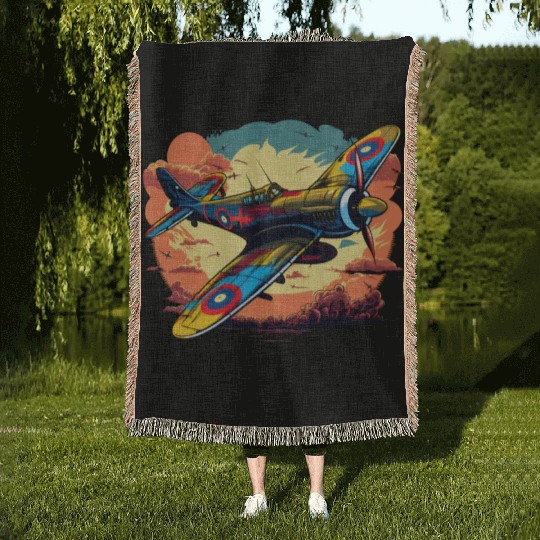 Spitfire Airplane Vintage Pilot Aviator Military Woven Blankets