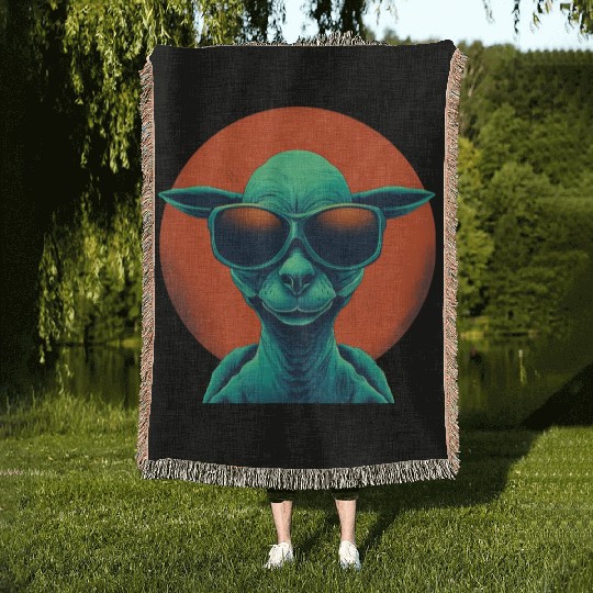 Cool Alien and Lama in Orange and Green Woven Blankets