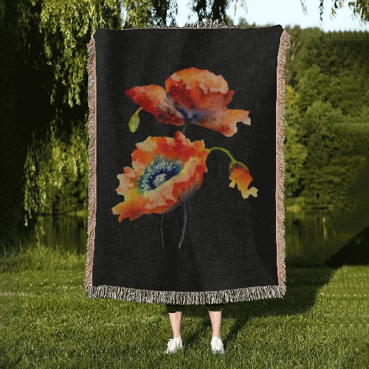 RED POPPIES Woven Blankets, WATERCOLOR RED POPPIES TOP