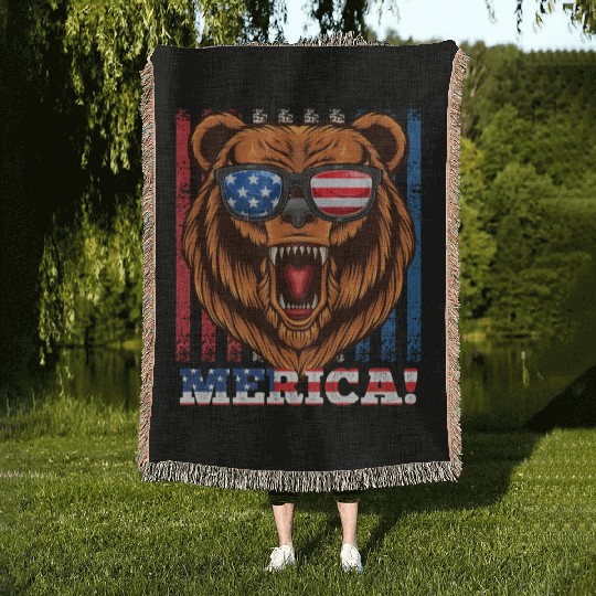 Merica Independence Day American Bear USA Party Woven Blankets