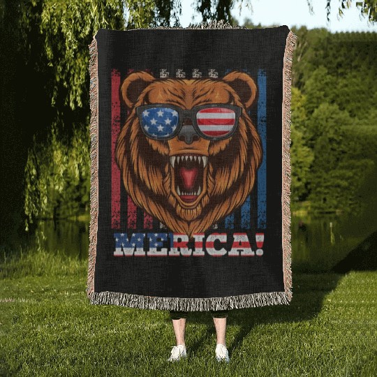 Merica Independence Day American Bear USA Party Woven Blankets