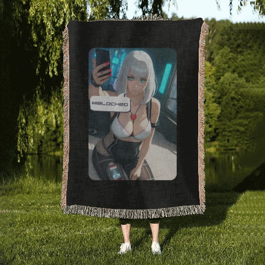 Cyberpunk Waifu Influencer Design 1 Woven Blankets