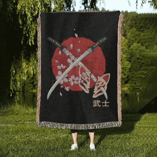 Ancient Japanese Cherry Blossom Samurai Katana Swo Woven Blankets
