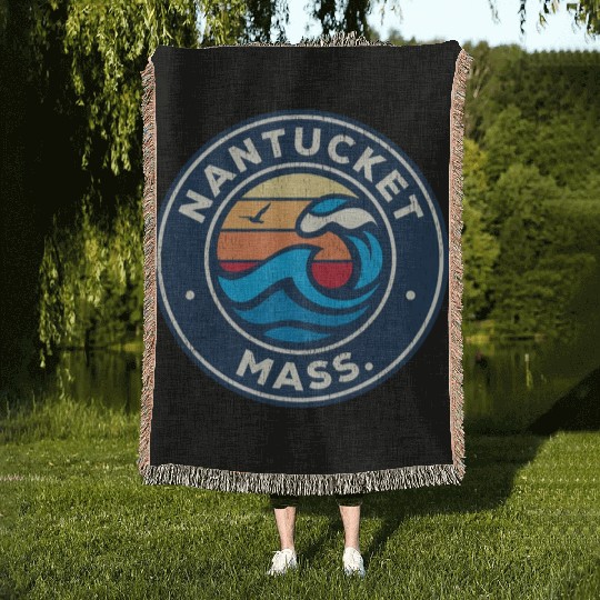 Nantucket Massachusetts Ma Nautical Waves Woven Blankets