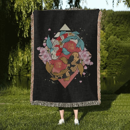 Kawaii Cherry Blossom Koi Fish Japanese Sakura Woven Blankets