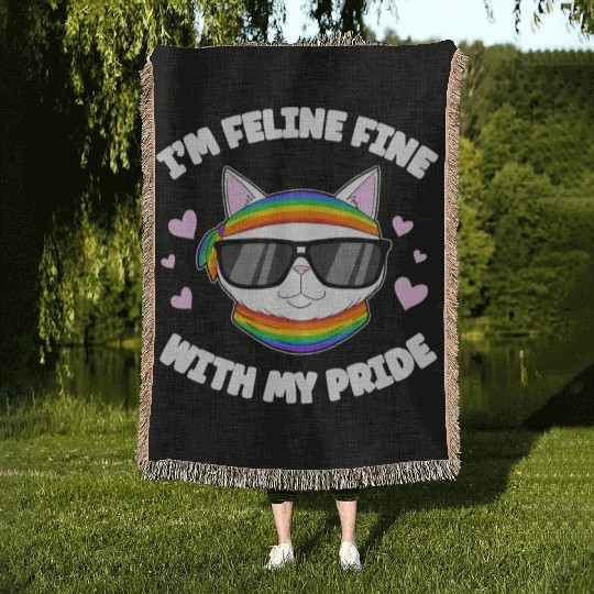 I'm Feline Fine With My Pride Rainbow Flag LGBT Woven Blankets