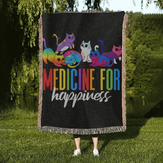 Medicine for Happiness Rainbow Colored LGBT Cat Woven Blankets