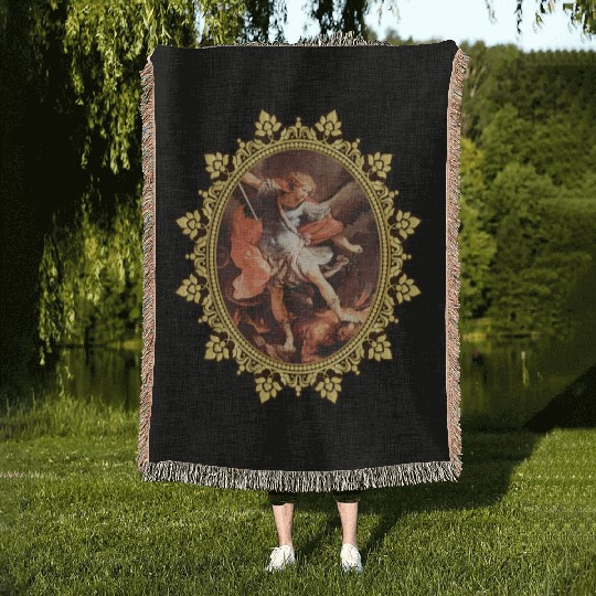 St. Michael the Archangel Icon Dragon Catholic Ang Woven Blankets
