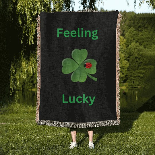 Feeling Lucky with a 4 leaf clover and a ladybug Woven Blankets