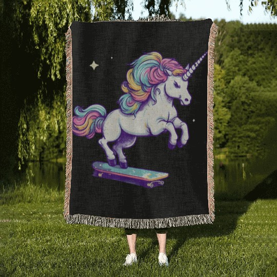 Unicorn Riding Skate Woven Blankets